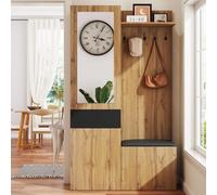 boorbin Juego de perchero con 5 percheros, espejo, zapatero, armario empotrado con estantes superiores, cajones, estantes superiores, banco de almacenamiento (color madera)