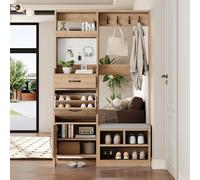 boorbin Juego de perchero, perchero de pared, perchero de pasillo con zapatero, juego con 4 ganchos, 1 cajón y 2 puertas, 108,5 x 35 x 180 cm (natural)