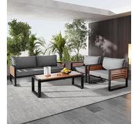 boorbin Juego de salón de jardín con marco de hierro galvanizado (juego ancho, juego de 4 piezas, sofá de 1 x 2 plazas, 2 sillas individuales, 1 mesa), reposabrazos decorativos de madera (gris-1)