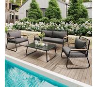 boorbin Juego de salón de jardín para 4 personas con estructura de hierro galvanizado, tapa de cristal templado, patas ajustables, incluye todos los cojines de asiento y respaldo (negro)
