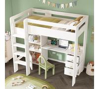 boorbin Kinderbtt Cama alta con escritorio USB-C, armario y archivador, cama juvenil individual con escalera y somier, espacio de almacenamiento, 90 × 200, sin colchón