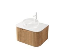 boorbin Lavabo de baño colgante de 61 cm con lavabo de vidrio redondo transparente, encimera blanca, gabinete de madera contrachapada a rayas de bordes curvos con cajón (color de grano de madera