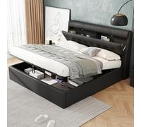 boorbin Lit rembourré de estilo, lit hydraulique, Rangement caché au Chevet, Rangement Pour le coffre de lit, PU, Avec sommier à Lattes et Avec tête de lit, sans matelas (negro, 140 x 190 cm)