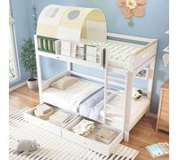 boorbin Litera, cama de casa, cama infantil, litera superior con tienda pequeña, con protección contra caídas y rejilla, con escalera de cuatro niveles, dos cajones con ruedas, 90 x 200 cm (blanco y