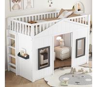 boorbin Litera, cama de casa, con escalera, con protección contra caídas y rejilla, cuna infantil con ventana, base de cama libre, marco de pino+MDF, 90 x 200 cm (blanco, 218 x 95 x 145,5 cm)