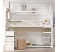 boorbin Litera, cama de casa, cuna con protección contra caídas y rejilla, con mesa, estante abierto, dos ventanas, amplio espacio de almacenamiento, pino + MDF, blanco, 90 x 200 cm (blanco, 219 x