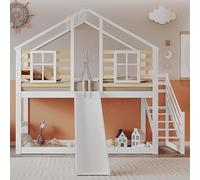 boorbin Litera, cama de madera con escalera y rejilla, con tobogán y ventana, cama infantil con protección contra caídas, marco de cama de madera maciza, 90 x 200 cm (blanco, 242 x 232 x 222 cm)