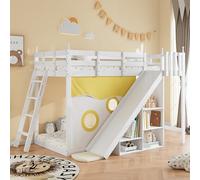 boorbin Litera, cama de madera con escalera y vallas, con cortina de cama, tobogán y estante, cuna con protección contra caídas y rejilla, marco de pino, blanco (90 x 200 cm)