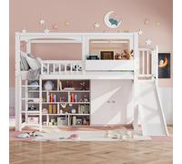 boorbin Litera, cama infantil, con barrera anticaídas, con tobogán infantil y armario, amplio espacio de almacenamiento, con escalera de cuatro niveles, pino+MDF, madera contrachapada, blanco, 90 x