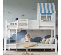 boorbin Litera, cama infantil, con cajón de almacenamiento, con deslizador inclinado de tres niveles, forma de ventana única, pizarra de graffiti en el lateral, pino + MDF, blanco + azul, 90 x 200 cm