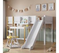 boorbin Litera con escalera recta de tres niveles, cama infantil, cama juvenil con tobogán y mesa, con estante extraíble, pino+MDF, blanco y natural, 90 x 200 cm