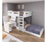 boorbin Litera con escritorio extensible y guardarropa, cuna multifuncional, litera, con cajones, estanterías escaleras, gran espacio de almacenamiento, 90 x 200 cm, blanco (286 x 164 x 150,5 cm)