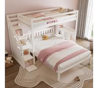 boorbin Litera con estantes laterales, 90 x 200 cm+140 x 200 cm, cama infantil multifuncional, litera infantil, con escalera, gran espacio de almacenamiento, sin colchón, pino + MDF, color blanco
