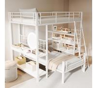 boorbin Litera con estructura de metal, cama alta multifunción, con varios estantes, color blanco, 140 x 200 cm