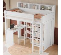 boorbin Litera con mesa y armario, cuna, con barrera, con estantes y escalera de cuatro niveles, espacio de almacenamiento integrado, pino+MDF+madera contrachapada, blanco, 90 x 200 cm (blanco)