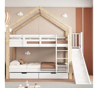 boorbin Litera con tobogán y escalera angular de tres niveles, cama con protección contra caídas y 2 cajones, marco de cama de madera maciza, 90 x 200 cm (blanco y natural (incluye 2 cajones)