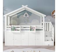boorbin Litera, cuna, con barandilla, 1 armario y 2 taquillas, con 3 taquillas en la escalera, tela a rayas, pino+MDF+madera contrachapada, blanco+verde, 90 x 200 cm
