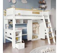 boorbin Litera, cuna, con barandilla, con mesa y armario, estante abierto, amplio espacio de almacenamiento, con escalera de cuatro niveles, pino+MDF+madera contrachapada, blanco y natural, 90 x 200