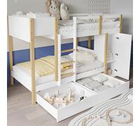 boorbin Litera, cuna, con escalera de tres niveles, 2 armarios, dos cajones con ruedas, pino+MDF, 90 x 200 cm (blanco y natural)