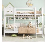 boorbin Litera, cuna con protección contra caídas y rejilla, con techo y ventana, estantería abierta, exquisita valla de madera maciza, con escalera de cuatro niveles, marco de madera maciza, pino+MDF