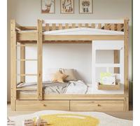 boorbin Litera, cuna con ventana, con barandilla anticaídas, barandilla estable, dos cajones con ruedas, amplio espacio de almacenamiento, madera de pino + MDF, 90 x 200 cm (blanco y natural)