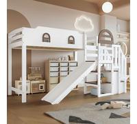 boorbin Litera, cuna con ventana, con tobogán infantil, escaleras con pasamanos, con 2 armarios en la escalera, diseño versátil, amplio espacio de almacenamiento, pino+MDF, blanco+marrón, 90 x 200 cm