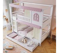 boorbin Litera, cuna con ventanas y cortinas, con rejilla anticaídas, estante abierto, barandilla estable, dos cajones con ruedas, amplio espacio de almacenamiento, 90 x 200 cm (blanco + rosa (con