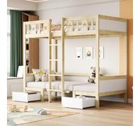 boorbin Litera de 200 x 90 cm, cama/escritorio 2 en 1, auto acolchado, con dos cajones grandes, estructura de cama con escalera, cama de madera, cuna (color madera)