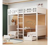boorbin Litera de 200 x 90 cm, cama/escritorio 2 en 1, auto acolchado, con dos cajones grandes, marco de cama con escalera, cama de madera, cuna para niños (blanco)