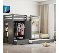 boorbin Litera de madera maciza de 90 x 200 cm con cama nido, cuna multifuncional con armario, cajones y compartimento de almacenamiento (gris)