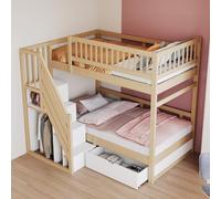 boorbin Litera de madera maciza de 90 x 200 cm, con rejilla de alta seguridad, con somier, escalera de seguridad con espacio de almacenamiento, con cajones de almacenamiento, cuna infantil (color