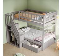 boorbin Litera de madera maciza de 90 x 200 cm, con rejilla de alta seguridad, con somier, escalera de seguridad con espacio de almacenamiento, con cajones de almacenamiento, cuna infantil (gris)