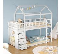 boorbin Litera infantil, forma de casa, diseño de valla de seguridad, con cajonera y estantes, cama alta baja con escalera, marco de madera maciza, 90 x 200 cm (blanco)
