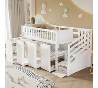 boorbin Litera multifunción, cama infantil con protección contra caídas y rejilla, con escritorio/armario/taquillas, con 2 taquillas en la escalera, madera de pino+MDF, 90 x 200 cm (blanco)