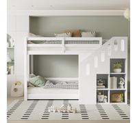 boorbin Litera para niños, cama doble, cama infantil multifuncional, con escaleras y taquillas, barandilla estable, sin colchón, 90 x 200 cm, blanco (205 x 144 x 131 cm)