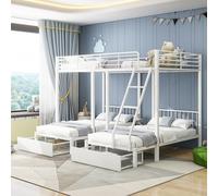 boorbin Litera triple con cajones, marco de cama de metal, convertible en cama doble de 140 x 200 cm y 2 camas individuales, cama multifuncional de metal de 90 x 200 cm (blanco)