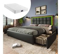 boorbin Marco de cama con tira de iluminación LED y 4 cajones, cama individual tapizada, cabecero ajustable, cama funcional, piel sintética, color negro, con colchón (160 x 200 cm)