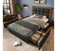 boorbin Marco de cama con tira de iluminación LED y 4 cajones, cama individual tapizada, cabecero ajustable, cama funcional, piel sintética, color negro, sin colchón (90 x 200 cm)