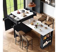 boorbin Mesa de bar extensible con espacio de almacenamiento (133 - 202 × 70 × 93,5 cm), con dos cajones y cuatro compartimentos, isla de cocina ampliable, para 2-6 personas, carrito de cocina con