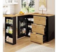 boorbin Mesa de bar extensible con espacio de almacenamiento (138 - 204 × 39 × 104 cm), comestible giratorio 360°, moderna mesa de bar móvil, mesa alta, isla de cocina, aparador con vetas de madera