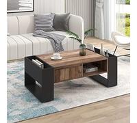 boorbin Mesa de café de grano de madera, con un cajón sin asa, un compartimento de almacenamiento y compartimento trasero, espacio de almacenamiento de doble cara, con compartimentos de almacenamiento