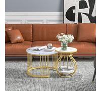 boorbin Mesa de centro, juego de 2 mesas redondas para salón, mesa redonda con estructura de metal, mesa auxiliar blanca moderna para salón, color blanco y dorado con aspecto de mármol (70 x 70 x 45,5