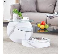 boorbin Mesa de centro minimalista moderna con dos niveles de cristal de seguridad, diseño de varios niveles, estructura de soporte MDF de alta calidad con aspecto de mármol (blanco)
