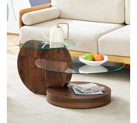 boorbin Mesa de centro minimalista moderna con dos niveles de cristal de seguridad, diseño de varios niveles, estructura de soporte MDF de alta calidad con aspecto de mármol (nogal)