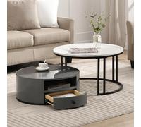 boorbin Mesa de centro nido de dos piezas - Aspecto y almacenamiento de mármol de PVC negro y gris, barriles de alto brillo, diseño elegante