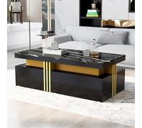 boorbin Mesa de centro rectangular moderna con tablero de alto brillo con 2 cajones de madera, mesa de mármol para sala de estar (negro, 100 x 50 x 40 cm)