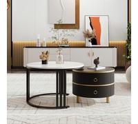 boorbin Mesa de centro redonda de MDF 2 en 1, mesa auxiliar con tablero brillante y 1 tapa de mármol blanco, combinación de mesa de centro de salón con 2 cajones, 70 x 70 x 46 + 50 x 50 x 40 cm (negro