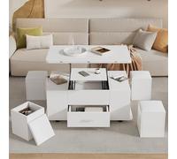 boorbin Mesa de centro regulable en altura, mesa de sofá móvil, mesa de centro multifunción 4 en 1, convertible en mesa de salón comedor, mesa de centro con cajones, con 4 taburetes, color blanco