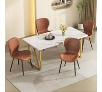 boorbin Mesa de comedor con 4 sillas de mármol blanco mesa de cocina y sillas de piel sintética juego de 4 unidades, mesa de comedor con sillas muebles de cocina (marrón+blanco+oro)