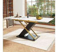 boorbin Mesa de comedor extensible (120 - 160 × 80 cm), mesa de cocina y salón, mesa extensible, con ayuda de placa interior extensible a 160-200 cm (blanco y dorado, 120-160 × 80 × 75,4 cm)
